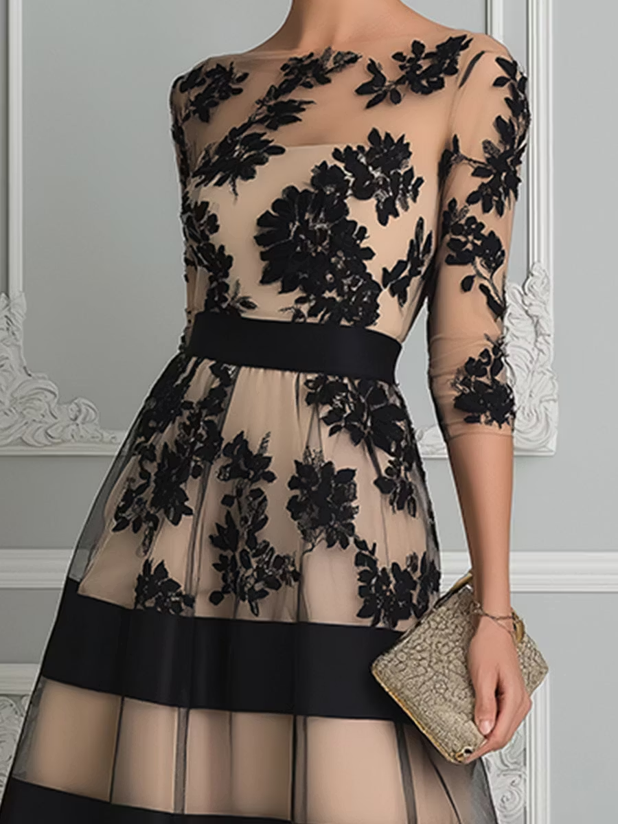 Maude | Elegant Black Lace Midi A-Line Dress