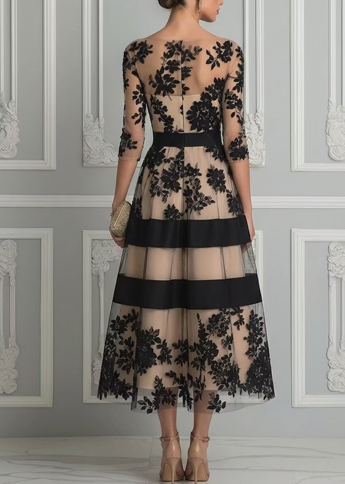 Maude | Elegant Black Lace Midi A-Line Dress