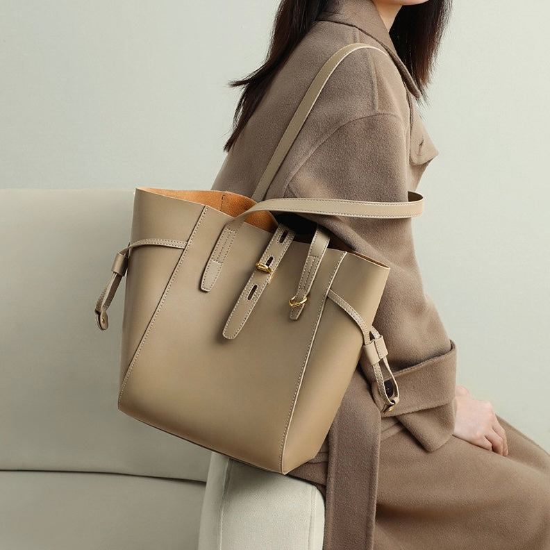 Genuine Leather Vintage Lock Buckle Tote Bag