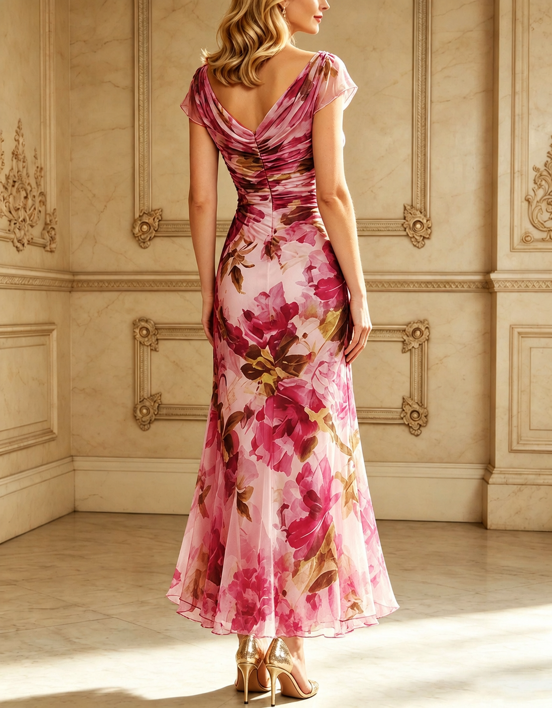 Rose Pink Chiffon Floral Print Cowl-Neck Fishtail Maxi Dress