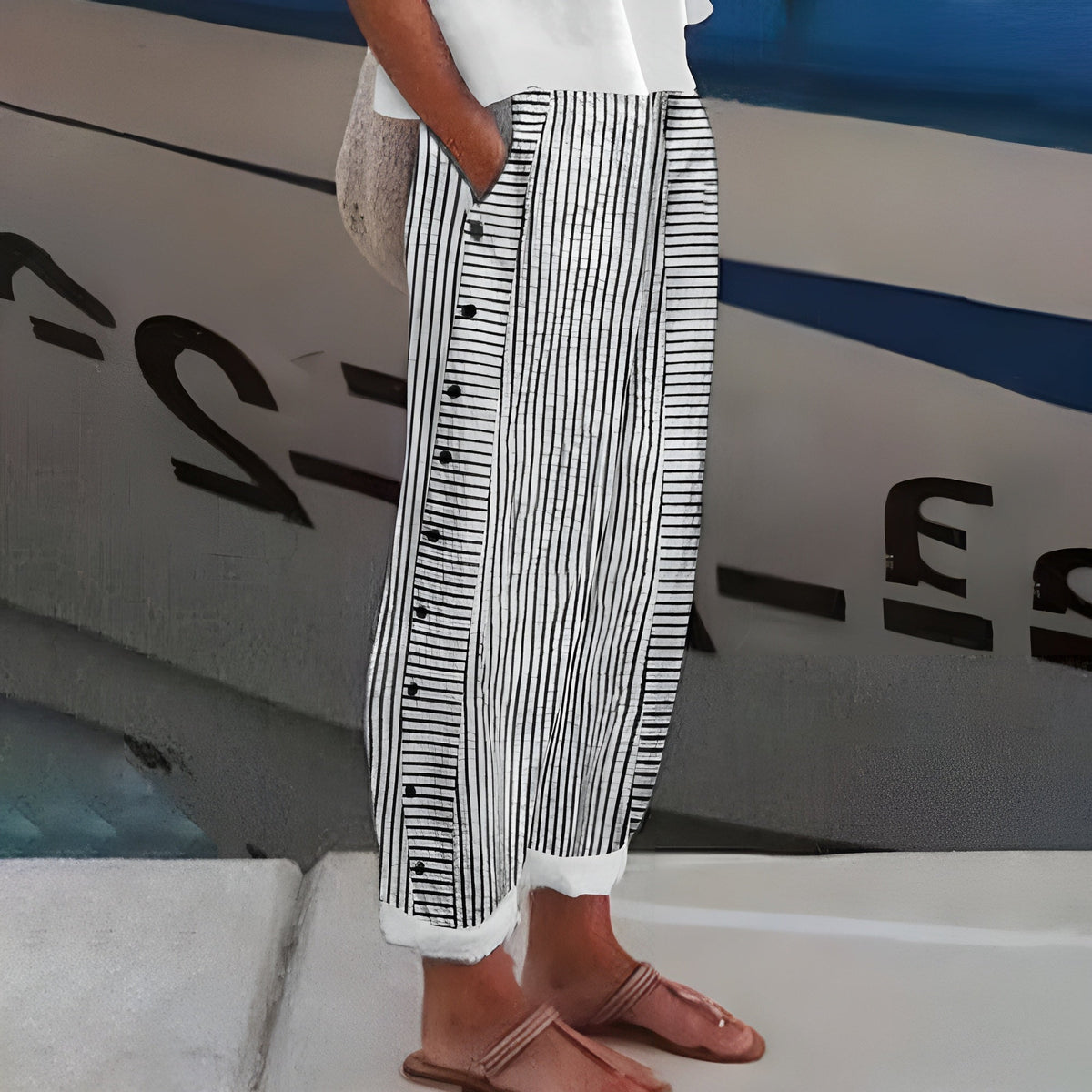 Glenys™ | Side-Button Striped Cotton Pants