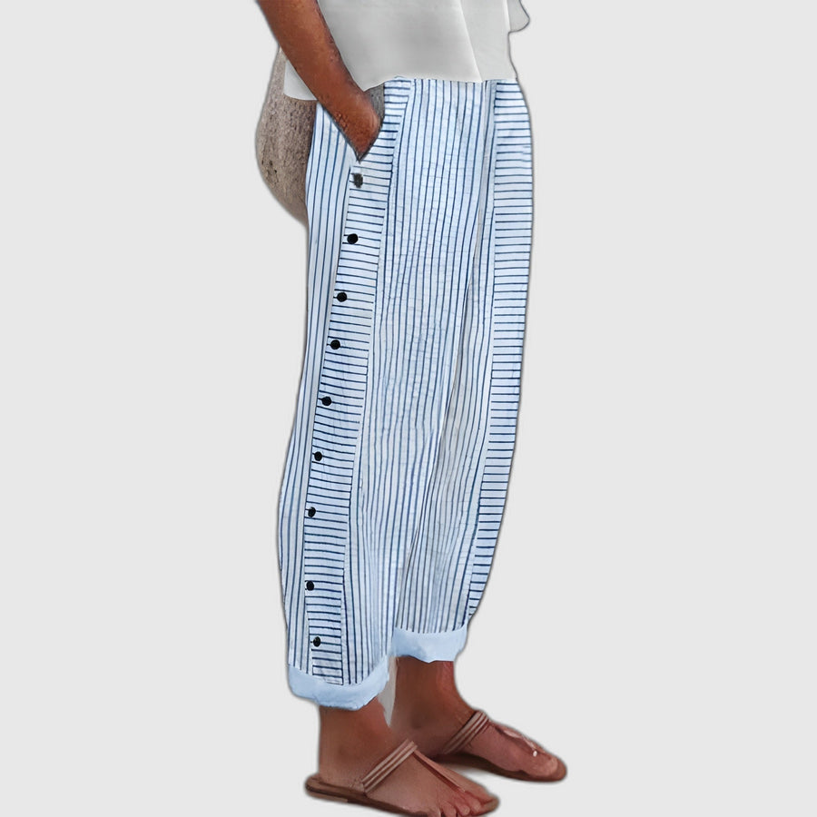 Glenys™ | Side-Button Striped Cotton Pants