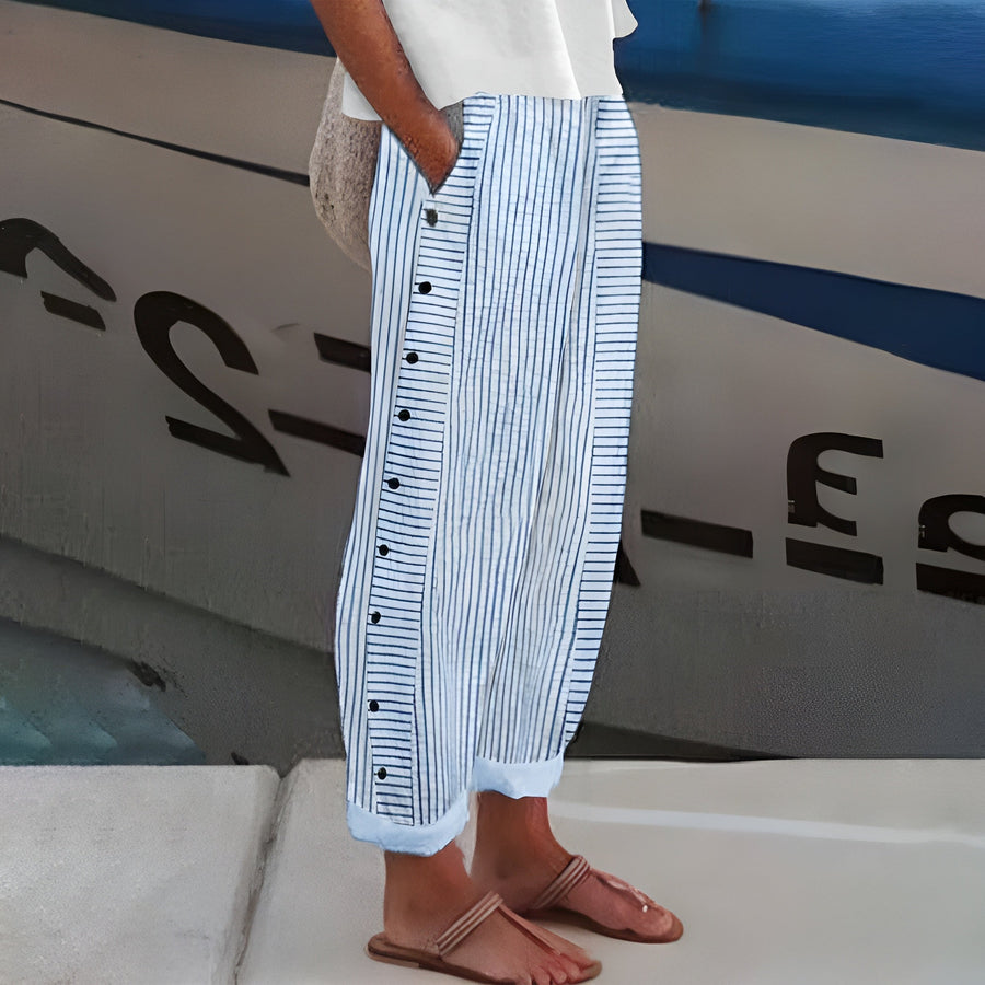 Glenys™ | Side-Button Striped Cotton Pants