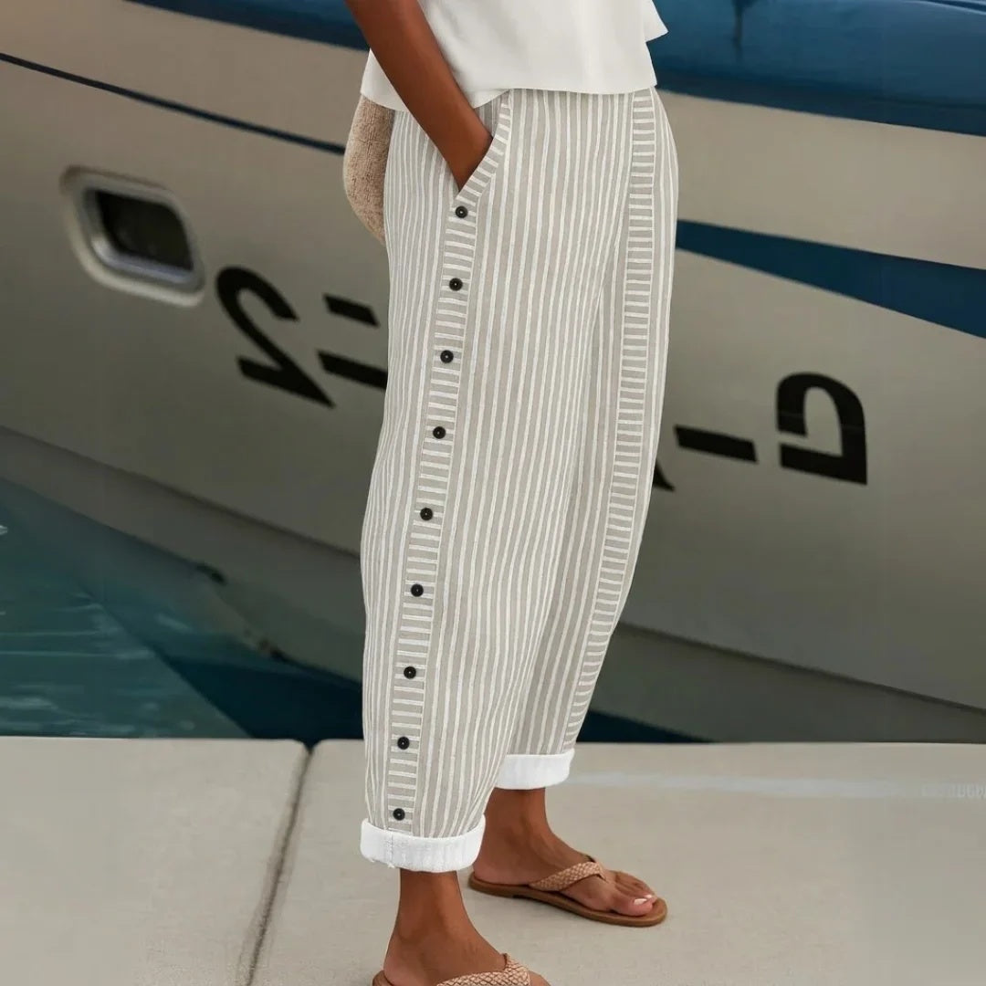 Glenys™ | Side-Button Striped Cotton Pants