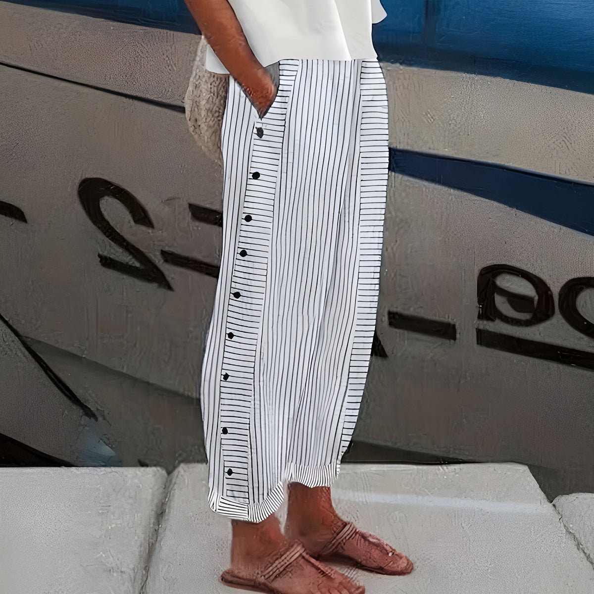 Glenys™ | Side-Button Striped Cotton Pants