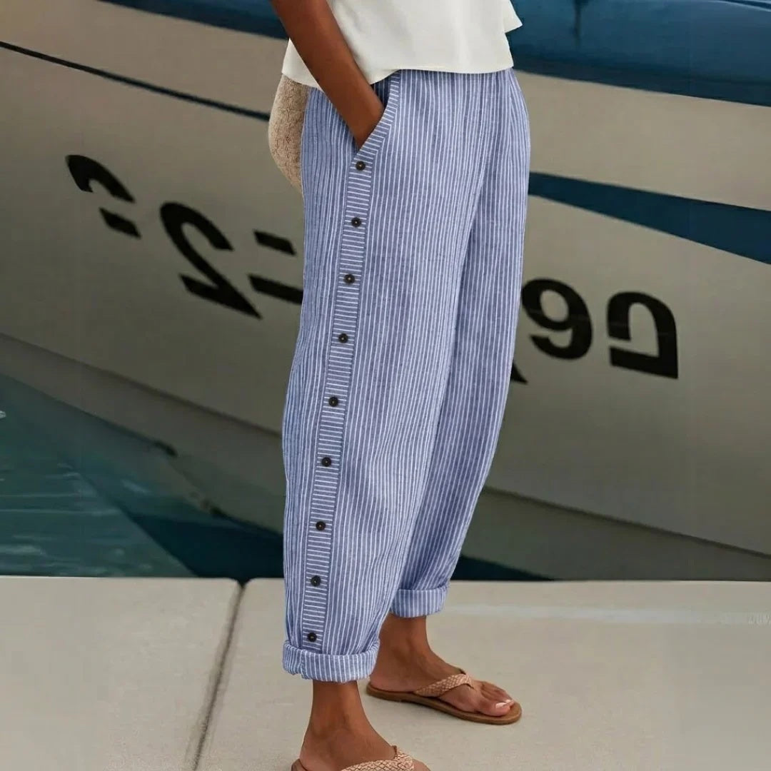 Glenys™ | Side-Button Striped Cotton Pants