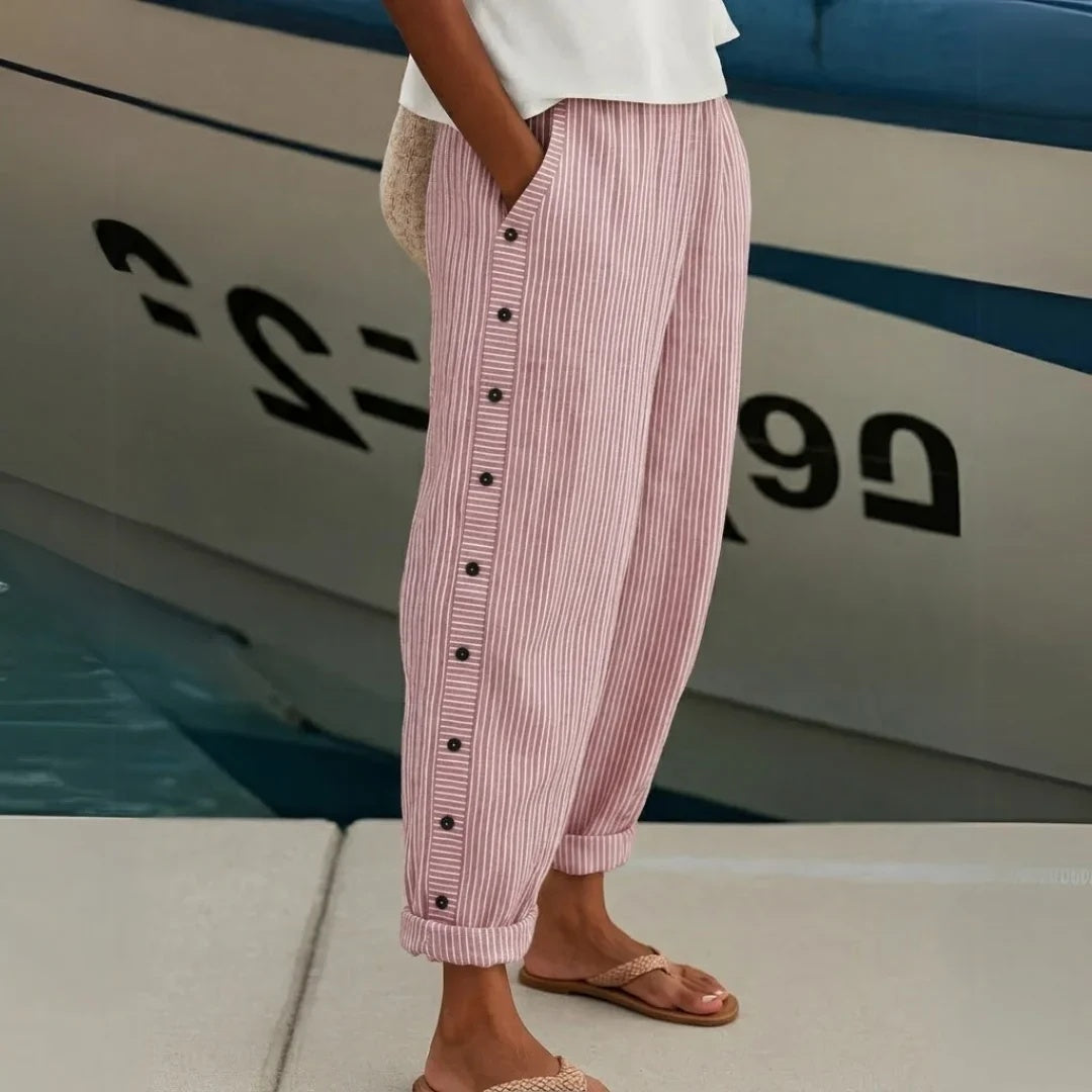 Glenys™ | Side-Button Striped Cotton Pants