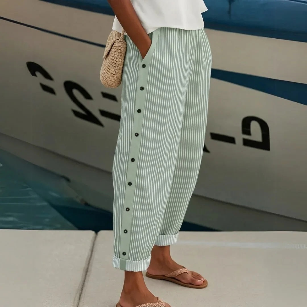 Glenys™ | Side-Button Striped Cotton Pants